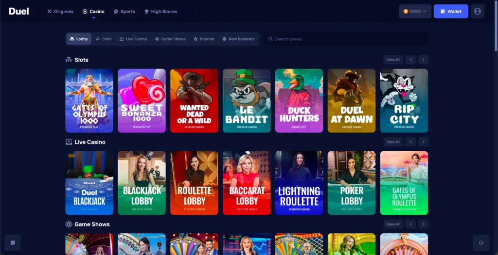 Duel casino lobby with slots